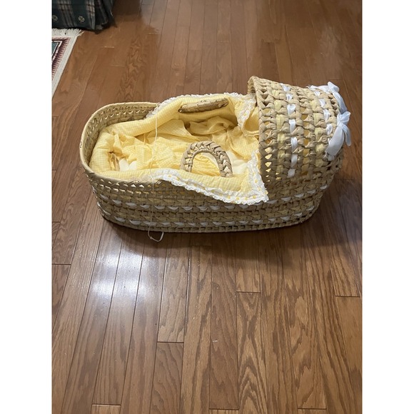 Handmade Other - Vintage Wicker Moses Basket Hooded Baby Bassinet Carrier Plaid Liner Handles